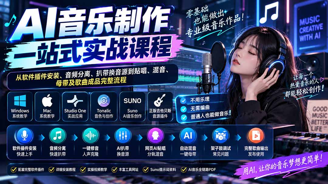 AI音乐制作一站式实战课程：从软件插件安装、音频分离、扒带换音源到贴唱、混音、母带及歌曲成品完整流程-985网创