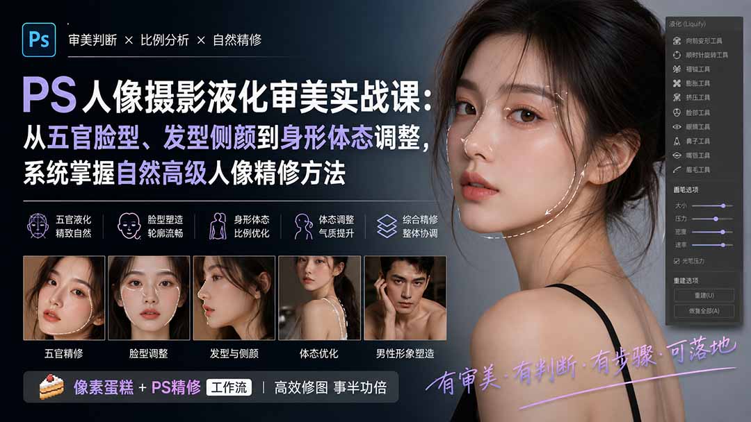 PS人像摄影液化审美实战课：从五官脸型、发型侧颜到身形体态调整，系统掌握自然高级人像精修方法-985网创