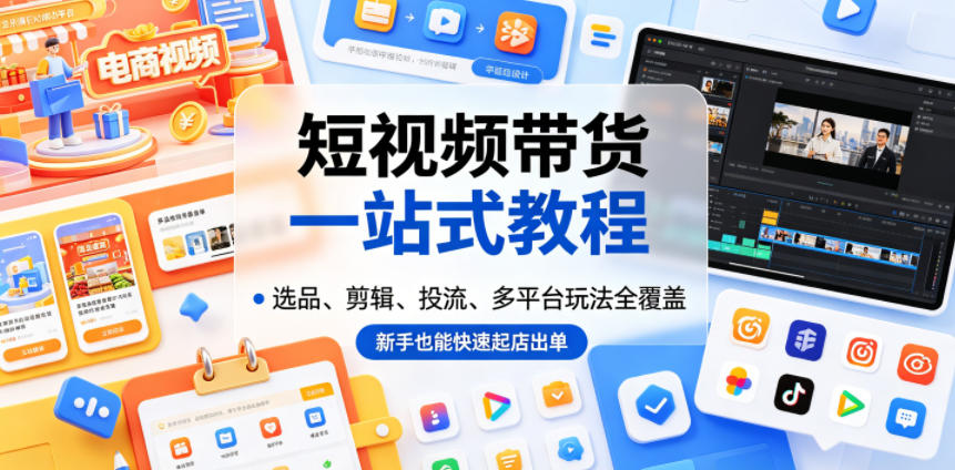 短视频带货一站式教程，选品、剪辑、投流、多平台玩法全覆盖，新手也能快速起店出单-985网创