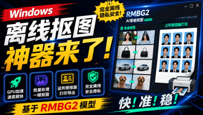 Windows离线抠图神器来了！支持批量抠图+证件照排版打印，基于RMBG2模型，GPU加速方块AI抠图-985网创