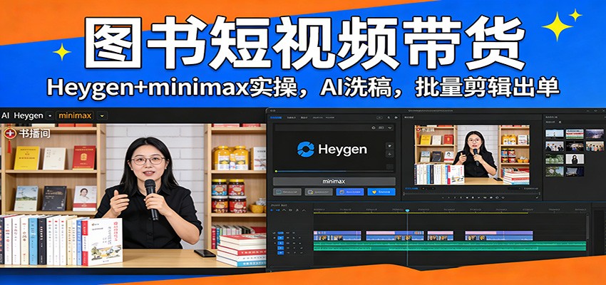 图书短视频带货：Heygen+minimax实操，AI洗稿 ，批量剪辑出单-985网创