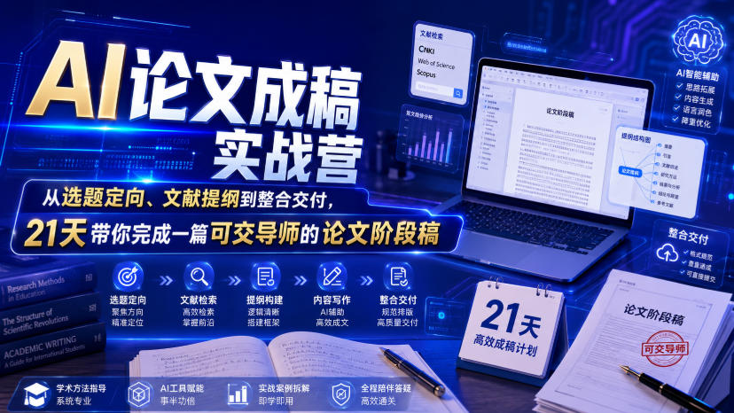 AI论文成稿实战营，从选题定向、文献提纲到整合交付，21天带你完成一篇可交导师的论文阶段稿-985网创