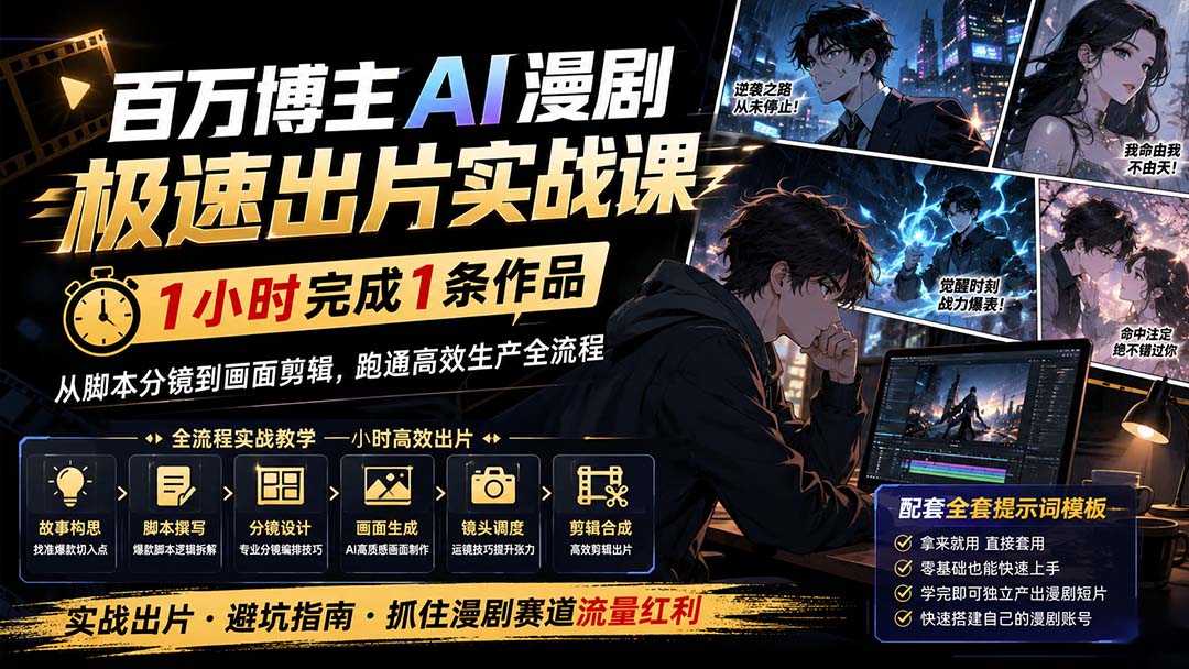 百万博主AI漫剧极速出片实战课：1小时产出条作品，从脚本分镜到画面剪辑，跑通高效生产全流程-985网创