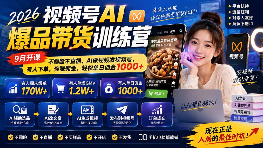 图片[1]-2026视频号AI爆品带货训练营-9月开课｜不露脸不直播，AI做视频发视频号，有人下单，你赚佣金，轻松单日佣金1000+-985网创