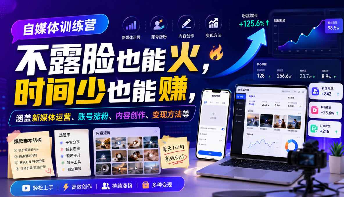 自媒体训练营，不露脸也能火，时间少也能賺，涵盖新媒体运营、账号涨粉、内容创作、变现方法等-985网创