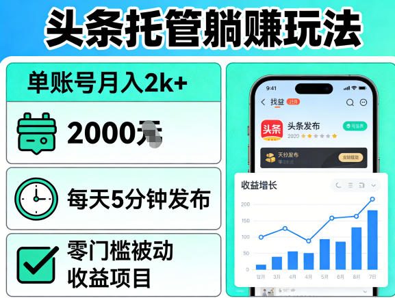 头条托管躺賺玩法，单账号月入2k+，每天5分钟发布即可，零门槛被动收益项目【揭秘】-985网创