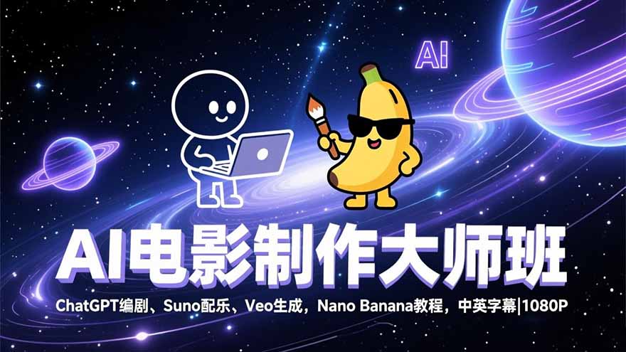 AI电影制作大师班：ChatGPT编剧、Suno配乐、Veo生成，Nano Banana教程，中英字幕|1080P-985网创