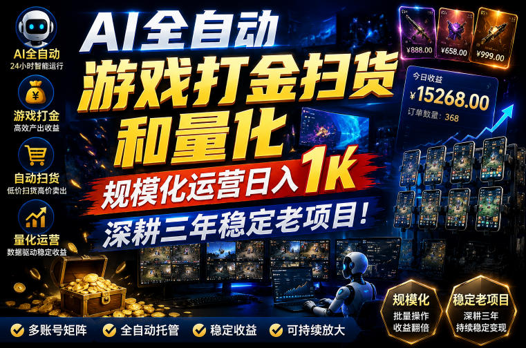 AI全自动游戏打金扫货和量化，规模化运营日入1k，深耕三年稳定老项目！【揭秘】-985网创