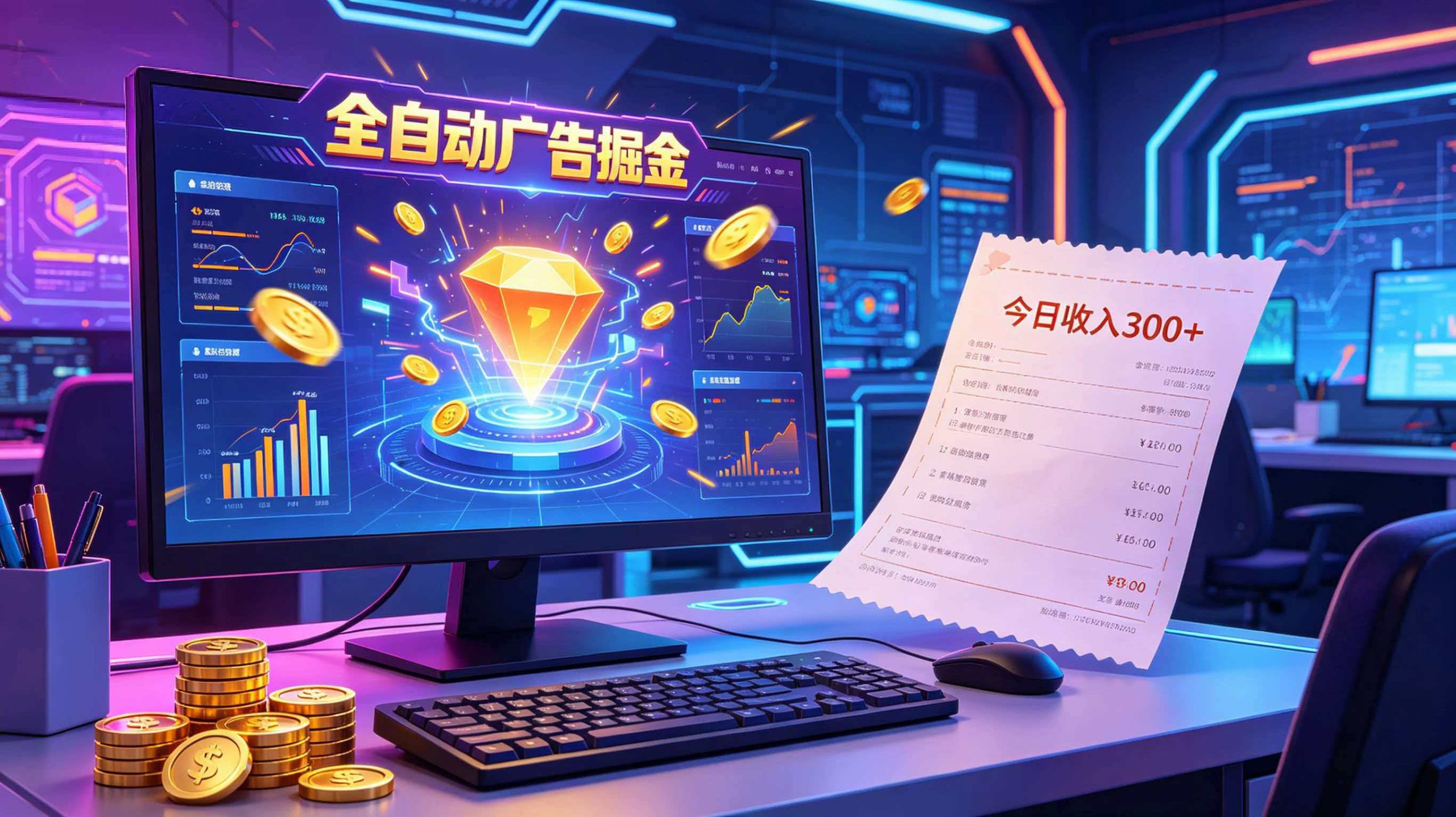 全自动广告掘金，日入300+。全程Ai自动化运行，解放双手，时间自由。收益稳定-985网创