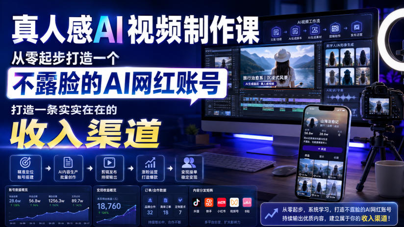 真人感AI视频制作课，从零起步打造一个不露脸的AI网红账号，打造一条实实在在的收入渠道【原创双语字幕】-985网创