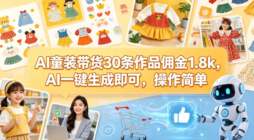 AI童装带货30条作品佣金1.8k，AI一键生成即可，操作简单-985网创