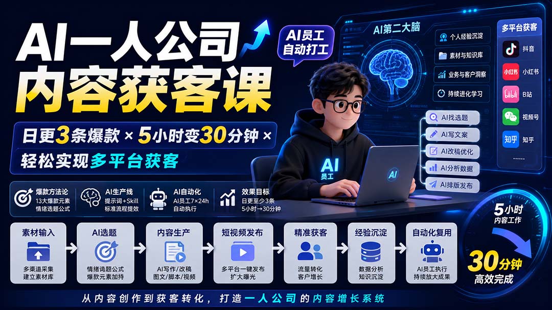 AI一人公司内容获客课-更新8月：日更3条爆款×5小时变30分钟×AI员工自动打工，轻松实现多平台获客-985网创