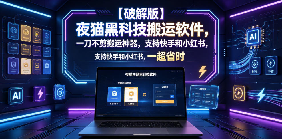 【破解版】夜猫黑科技搬运软件，一刀不剪搬运神器，支持快手和小红书，一键搬运超省时！-985网创
