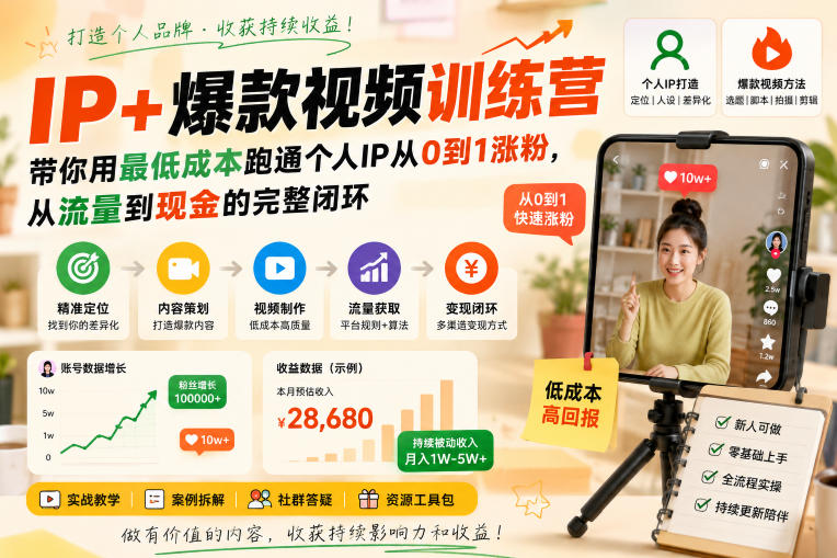 IP+爆款视频训练营，带你用最低成本跑通个人IP从0到1涨粉，从流量到现金的完整闭环-985网创