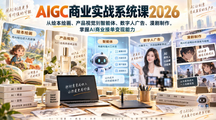 AIGC商业实战系统课2026，从绘本绘画、产品视觉到智能体、数字人广告、漫剧制作，掌握AI商业接单变现能力-985网创