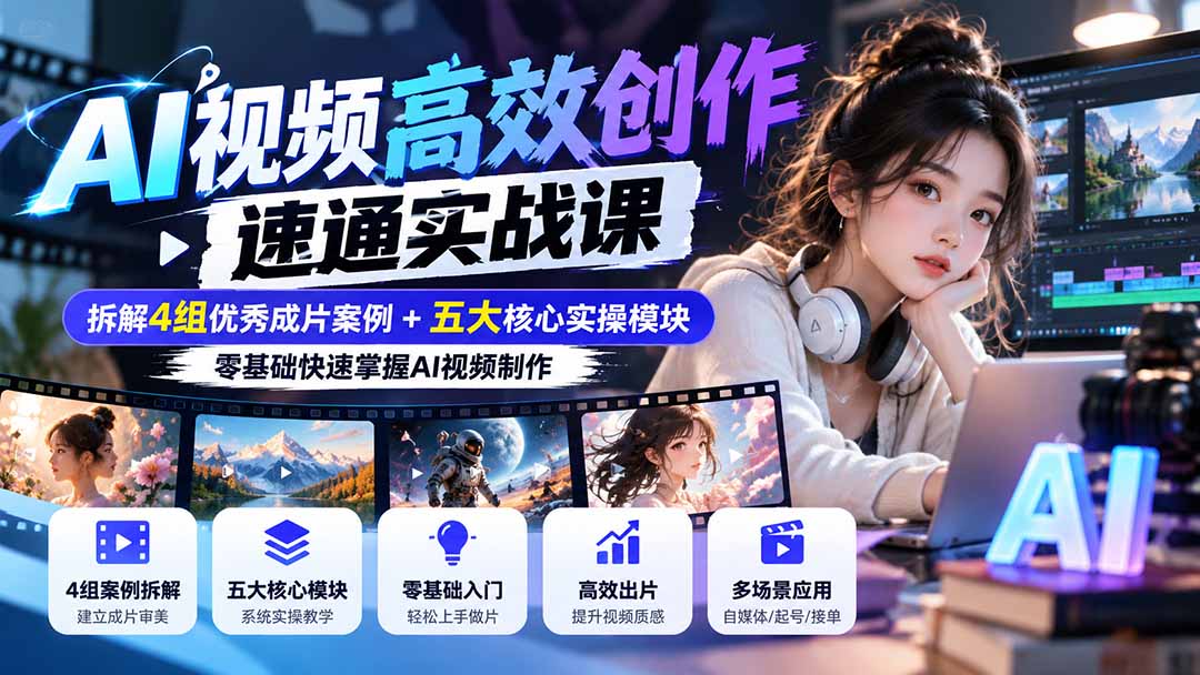 【无水印】AI视频高效创作速通实战课：拆解4组优秀成片案例+五大核心实操模块，零基础快速掌握AI视频制作-985网创