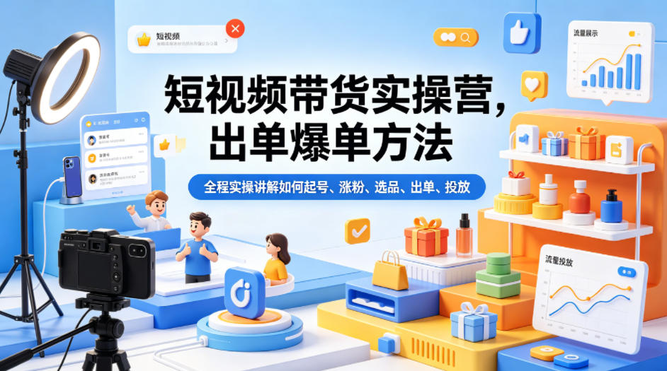 短视频带货实操营，出单爆单方法，全程实操讲解如何起号、涨粉、选品、出单、投放-985网创
