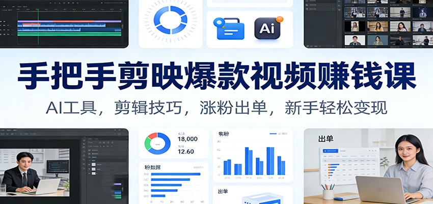 手把手剪映爆款视频赚钱课：AI工具，剪辑技巧，涨粉出单，新手轻松变现-985网创