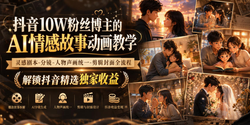 抖音10W粉丝博主的AI情感故事动画教学，灵感剧本‑分镜‑人物声画统一‑剪辑封面全流程，解锁抖音精选独家收益-985网创