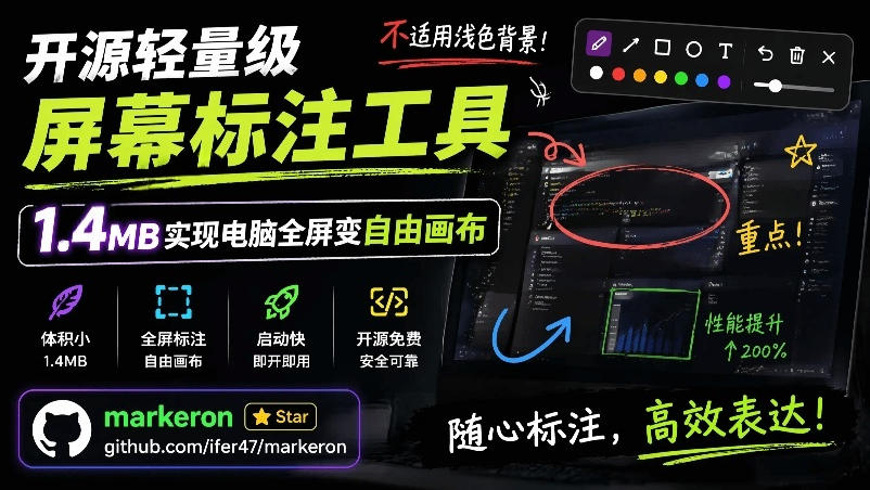 开源轻量级屏幕标注工具，1.4MB实现电脑全屏变自由画布！支持8种标注工具和全键盘操控MarkerOn-985网创