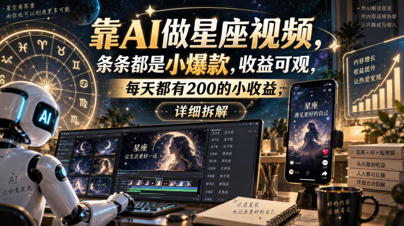 靠AI做星座视频，条条都是小爆款，收益可观，每天都有200的小收益，详细拆解-985网创