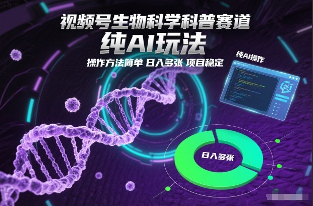 视频号生物科学科普赛道，纯AI玩法，操作方法简单，日入多张，项目稳定-985网创