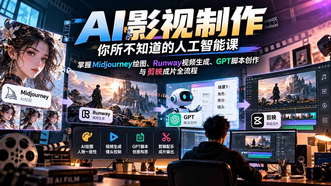 【无水印】AI影视制作-你所不知道的人工智能课，掌握Midjourney绘图、Runway视频生成、GPT脚本创作与剪映成片全流程-985网创