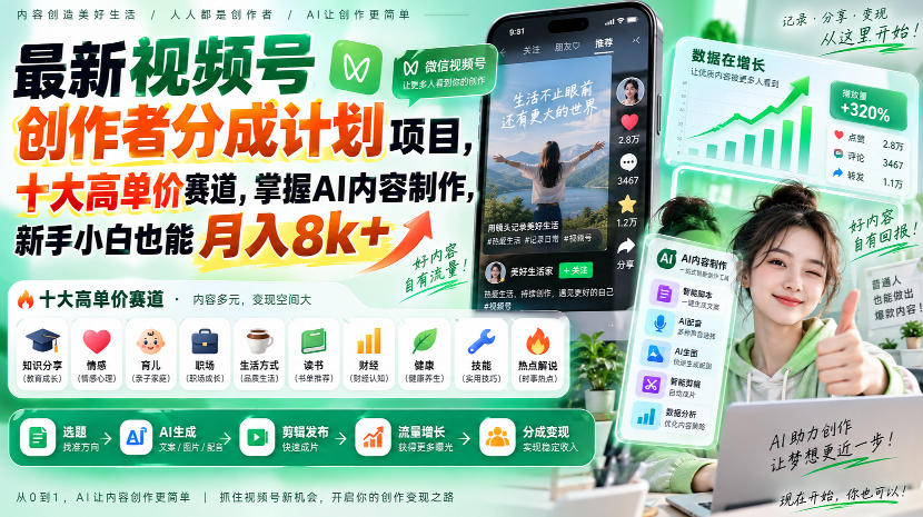 最新视频号创作者分成计划项目，十大高单价赛道，掌握AI内容制作，新手小白也能月入8k+-985网创