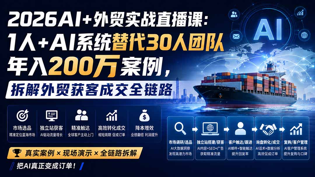 2026AI+外贸实战直播课：1人+AI系统替代30人团队年入200万案例，拆解外贸获客成交全链路-985网创