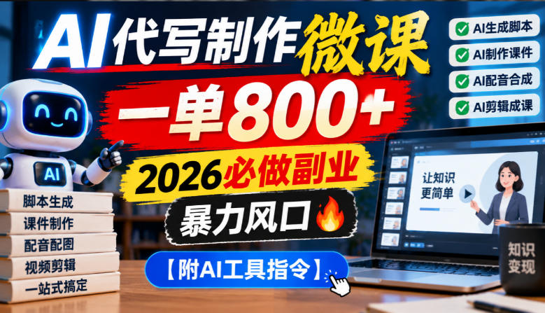 AI代写制作微课，一单800+，2026必做副业，暴力风口【附AI工具指令】【揭秘】-985网创