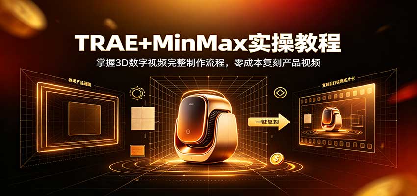 TRAE+MinMax实操教程：3D数字视频完整制作流程，零成本复刻产品视频-985网创
