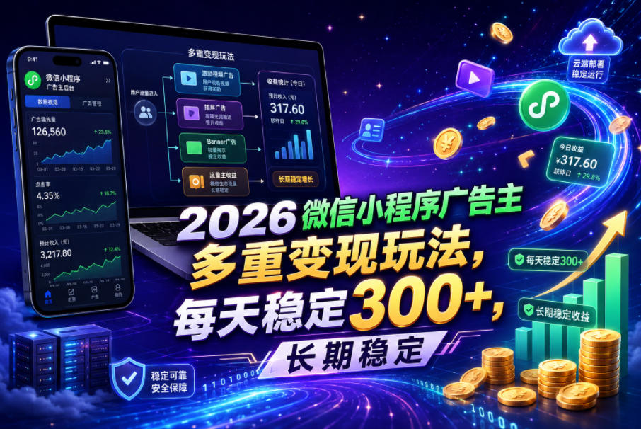 2026微信小程序广告主，多重变现玩法，每天稳定300+，长期稳定【揭秘】-985网创