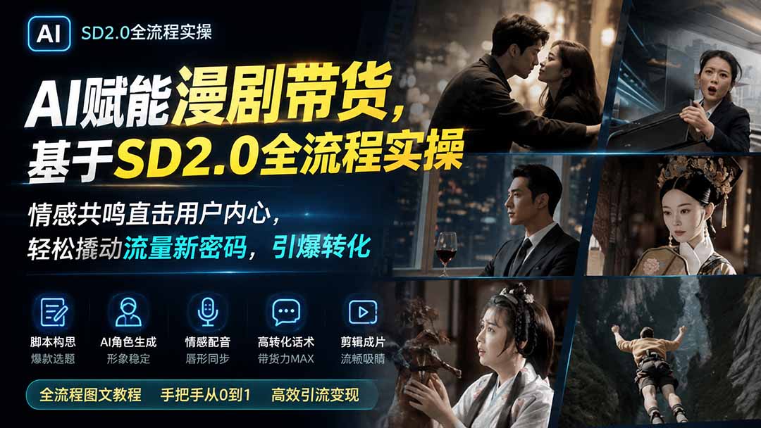 AI赋能漫剧带货，基于SD2.0全流程实操；情感共鸣直击用户内心，轻松撬动流量新密码，引爆转化-985网创