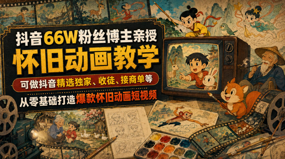 抖音66W粉丝博主亲授怀旧动画教学，可做抖音精选独家、收徒、接商单等，从零基础打造爆款怀旧动画短视频-985网创