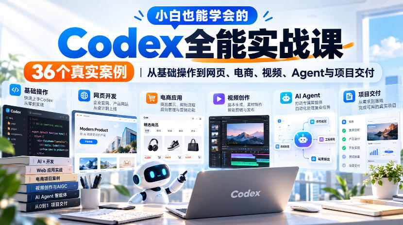 小白也能学会的Codex全能实战课｜36个真实案例，从基础操作到网页、电商、视频、Agent与项目交付-985网创