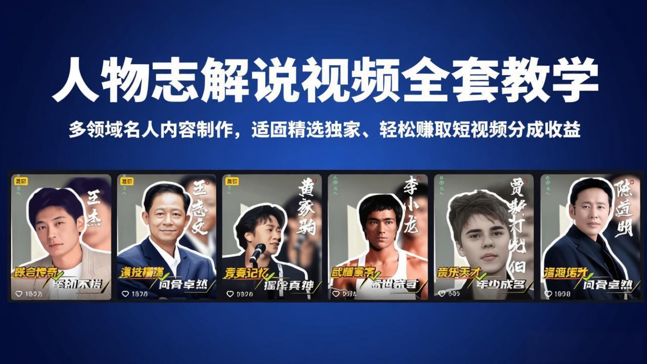 人物志解说视频全套教学，多领域名人内容制作，适配精选独家，轻松赚取短视频分成收益-985网创