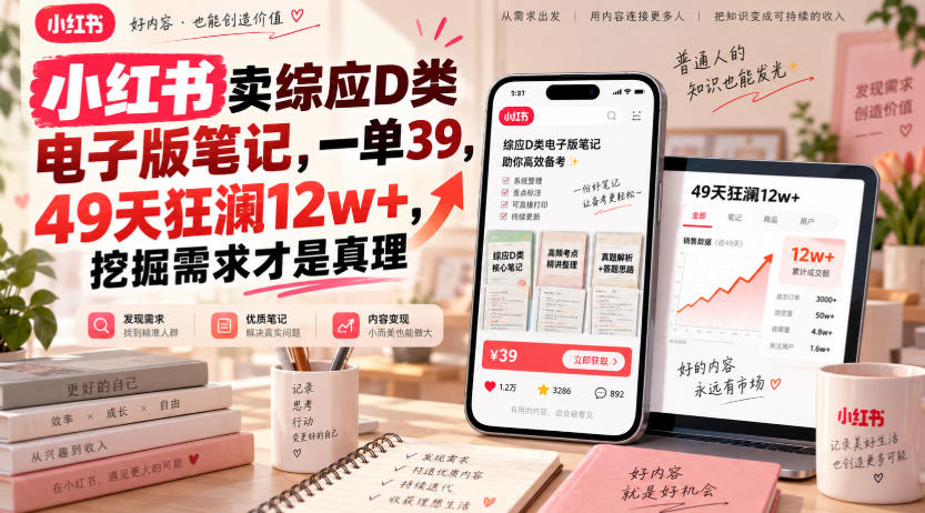 小红书卖综应D类电子版笔记，一单39，49天狂澜12w+，挖掘需求才是真理-985网创
