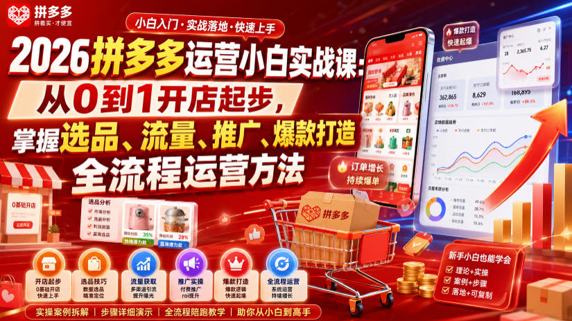 2026拼多多运营小白实战课：从0到1开店起步，掌握选品、流量、推广、爆款打造全流程运营方法-985网创