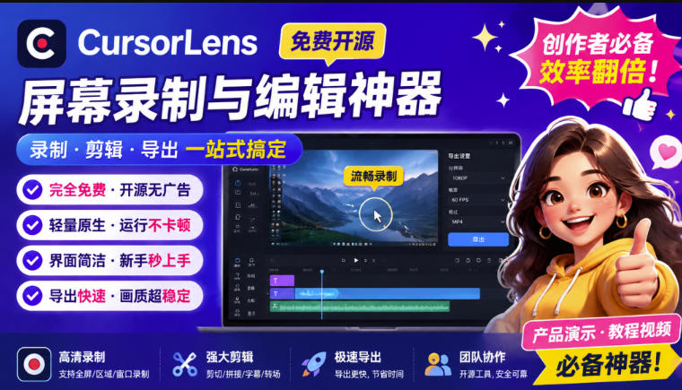 CursorLens免费开源录屏工具，支持自动缩放，教程视频录制必备神器-985网创