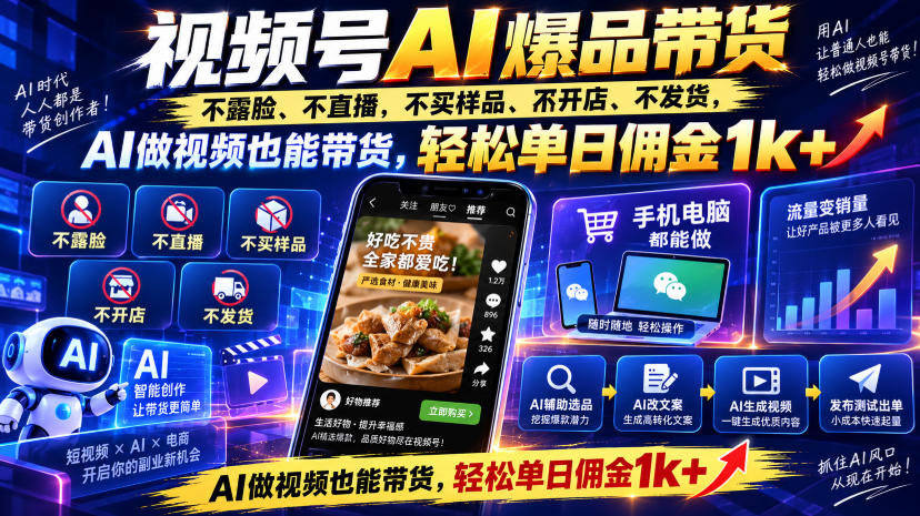 视频号Ai爆品带货，不露脸、不直播、不买样品、不开店、不发货，AI做视频也能带货，轻松单日佣金1k+-985网创