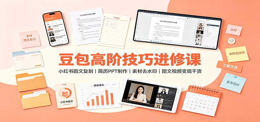 豆包高阶技巧进修课：小红书图文复刻，简历PPT制作，素材去水印，图文视频变现干货-985网创