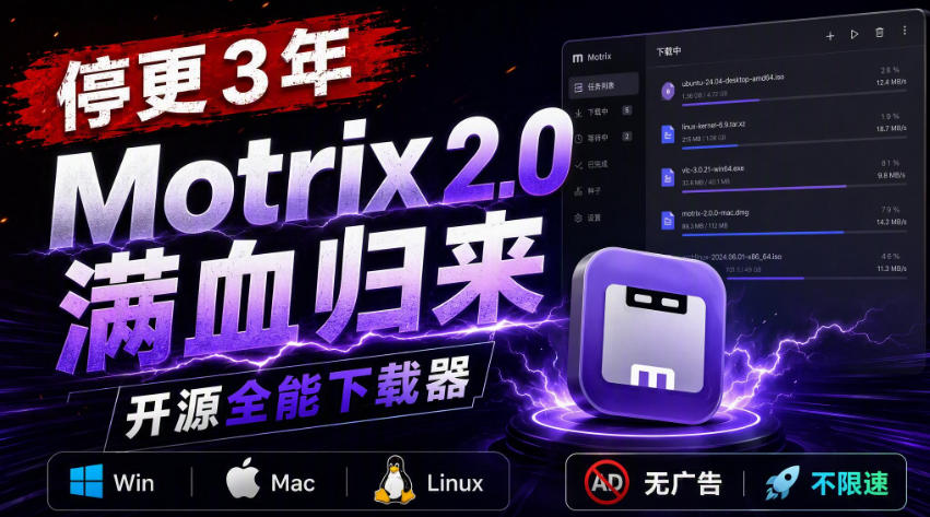 停更3年，Motrix 2.0满血归来：开源全能下载器，Win/Mac/Linux通吃，无广告不限速-985网创