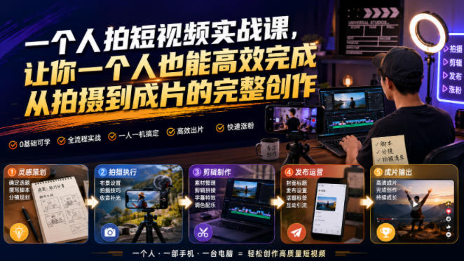 一个人拍短视频实战课，让你一个人也能高效完成从拍摄到成片的完整创作-985网创