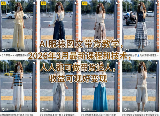 AI服装图文带货教学，2026年3月最新课程和技术，人人都可做带货达人，收益可观好变现-985网创