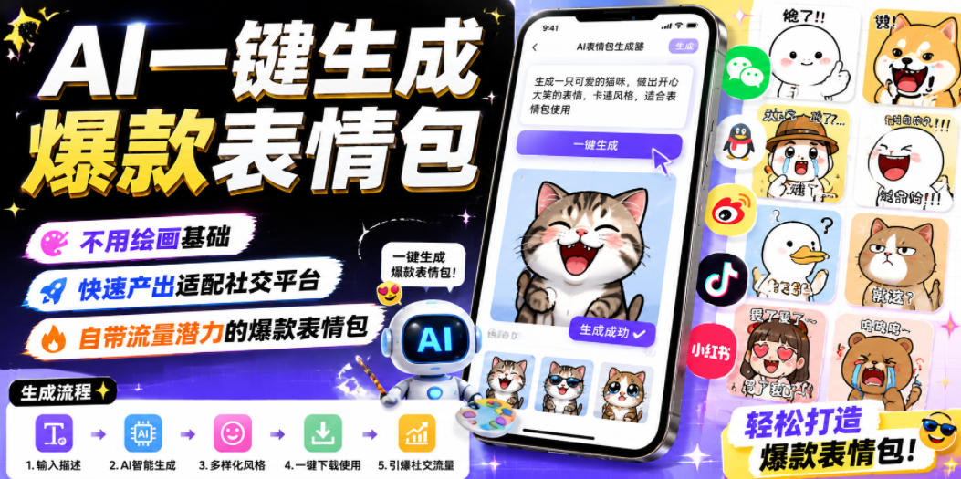 AI一键生成爆款表情包，不用绘画基础，快速产出适配社交平台，自带流量潜力的爆款表情包-985网创