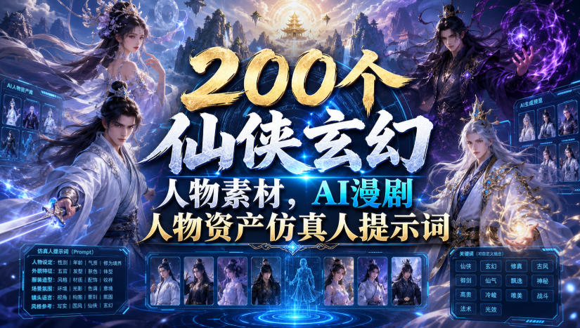 200个仙侠玄幻人物素材，AI漫剧人物资产仿真人提示词-985网创