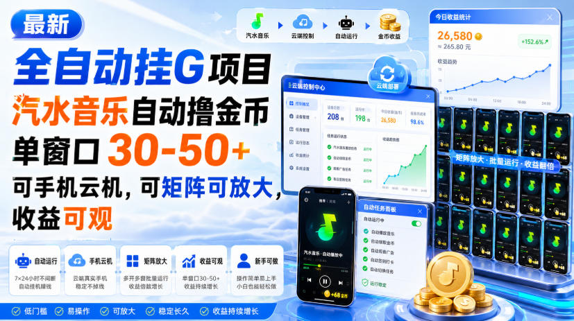 最新全自动挂G项目，汽水音乐自动撸金币单窗口30-50+，可手机云机，可矩阵可放大，收益可观-985网创