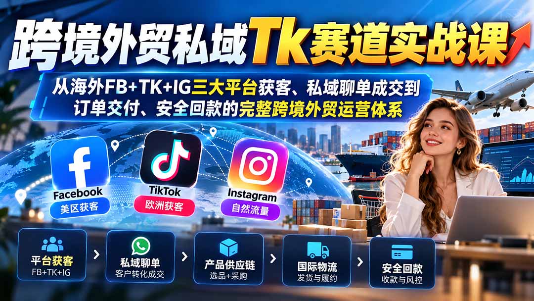跨境外贸私域Tk赛道实战课：从海外FB+TK+IG三大平台获客、私域聊单成交到订单交付、安全回款的完整跨境外贸运营体系-985网创