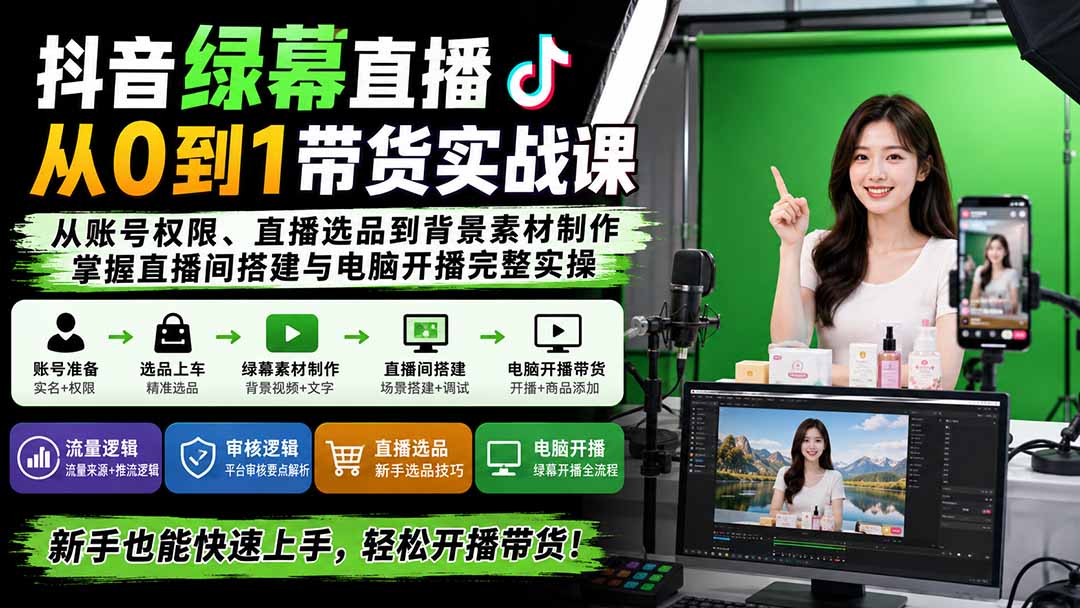 抖音绿幕直播从0到1带货实战课：从账号权限、直播选品到背景素材制作，掌握直播间搭建与电脑开播完整实操-985网创