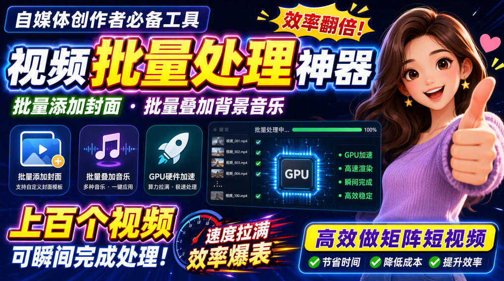视频批量加封面，把封面添加到视频第一帧，不用剪辑软件批量添加-985网创